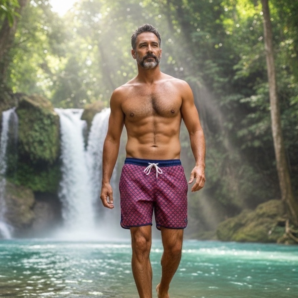 Fair Harbor Red and Blue Geometric Men's Athletic‎ Shorts / Swim Wear